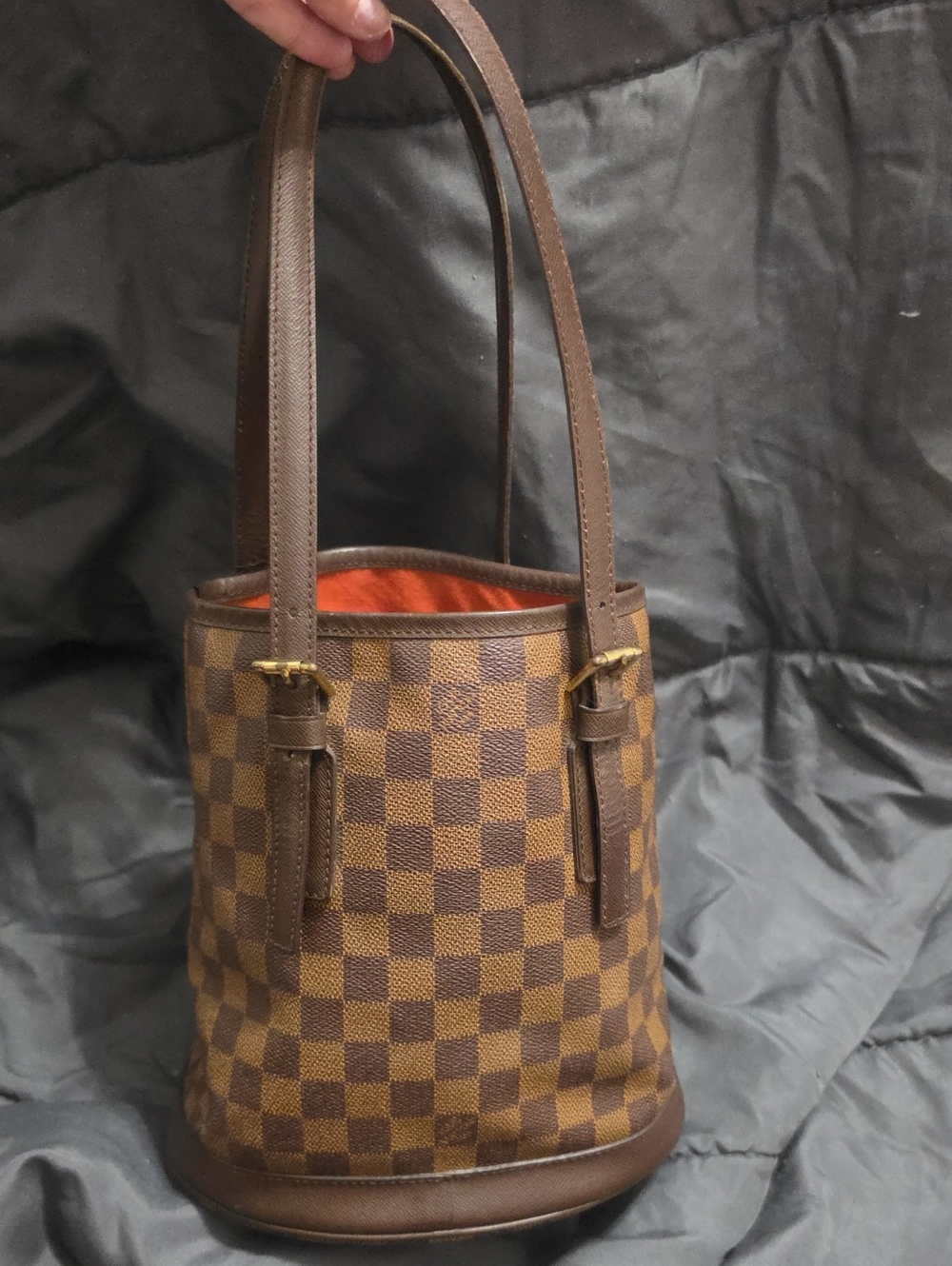 AUTH Louis Vittiuon Marais Bucket Bag In Damier Ebene Coated Canvas